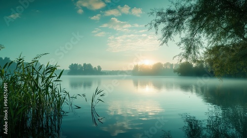 Tranquil Foggy Lake at Sunrise with Reflections and Lush Greenery photo