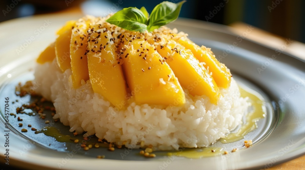 Mango with rice on a plate, close-up, selective focus Mango with rice on a plate, close-up, selective focus