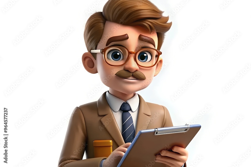 Cartoon character of professional man with glasses and clipboard on white background Cartoon character of professional man with glasses and clipboard on white background