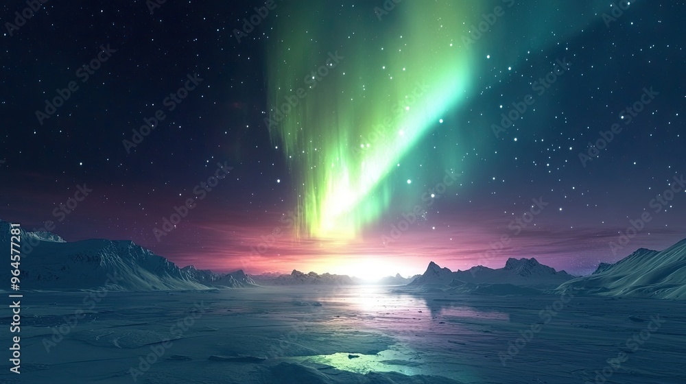 The aurora australis (southern lights) illuminating the sky over the icy expanse of Antarctica. The aurora australis (southern lights) illuminating the sky over the icy expanse of Antarctica.