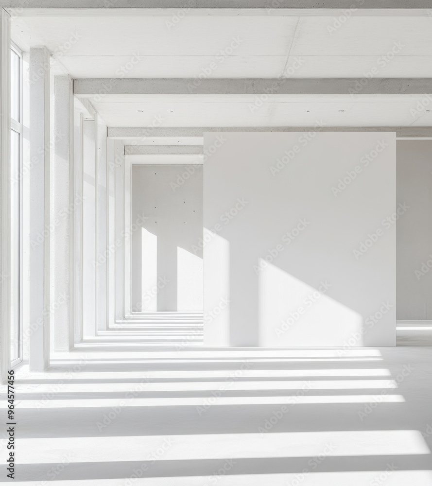 Empty white corridor with sunlight shining through windows Empty white corridor with sunlight shining through windows