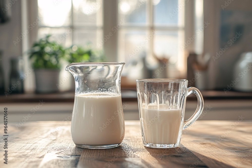 Glass Milk Jug and Cup on Wooden Table Glass Milk Jug and Cup on Wooden Table
