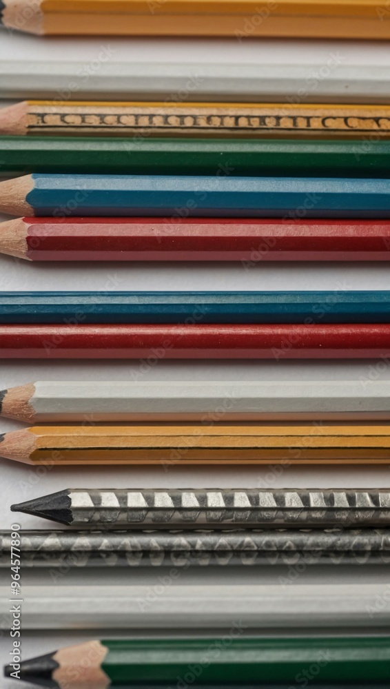 Pencils neatly arranged on a white surface for a clean look. Pencils neatly arranged on a white surface for a clean look.