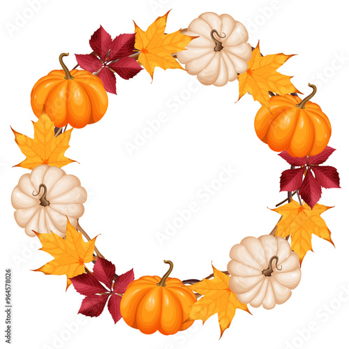 A vector illustration of an autumn wreath with orange and white pumpkins, yellow maple leaves, and red foliage. Perfect for seasonal designs, fall decor, Thanksgiving, and holiday-themed projects.