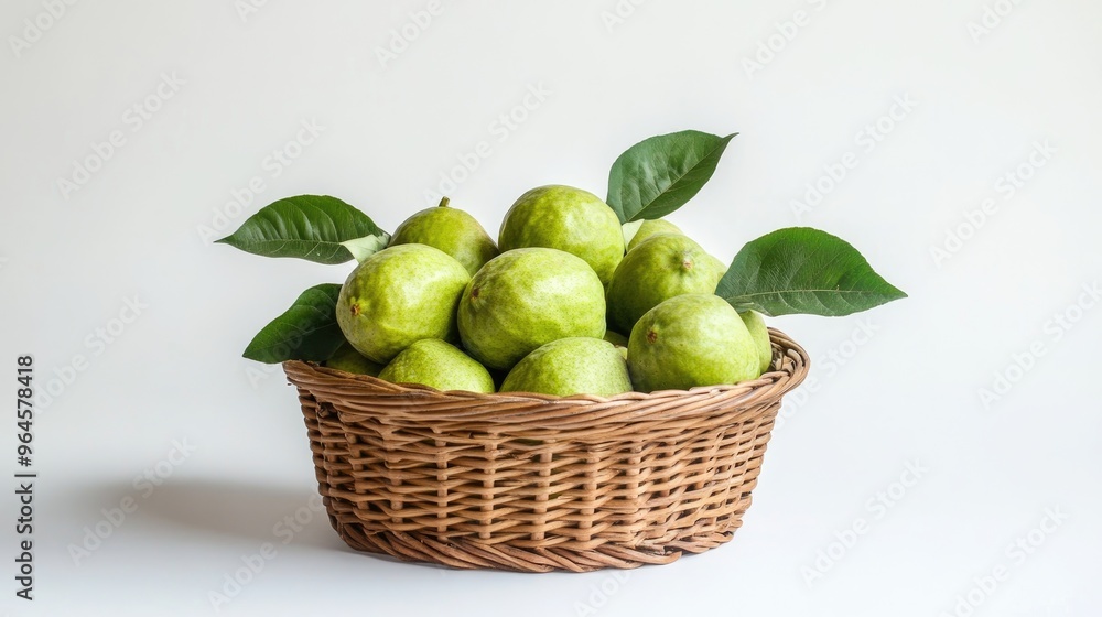 Fresh Green Fruits in a Wicker Basket with Leaves on White Background Fresh Green Fruits in a Wicker Basket with Leaves on White Background