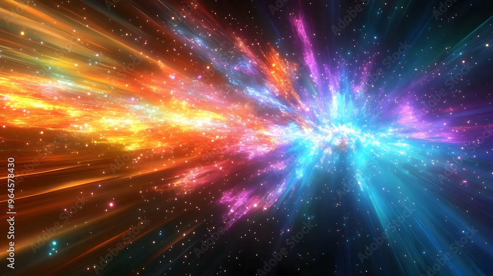 A vibrant cosmic explosion with colorful light rays and stars, depicting the beauty of space. A vibrant cosmic explosion with colorful light rays and stars, depicting the beauty of space.