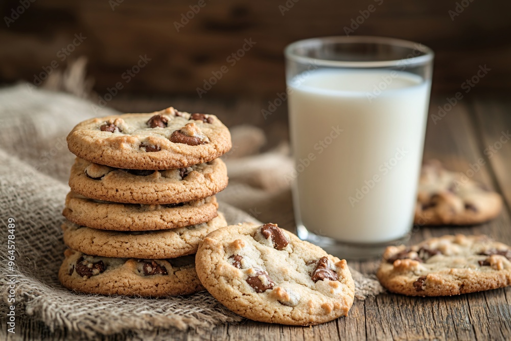 Chocolate Chip Cookies and Milk on Wooden Table Chocolate Chip Cookies and Milk on Wooden Table