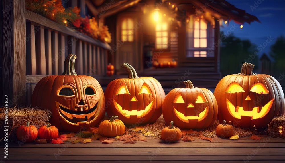 Fototapeta premium Carved Pumpkin Jack-O'-Lanterns: A close-up of several intricately carved pumpkins with different expressions (scary, funny, surprised) glowing with candles inside. They are placed on a rustic wooden 