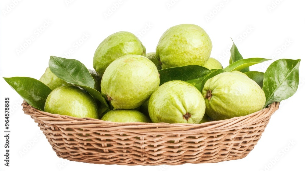 Fresh Green Fruits in a Wicker Basket with Lush Green Leaves Fresh Green Fruits in a Wicker Basket with Lush Green Leaves