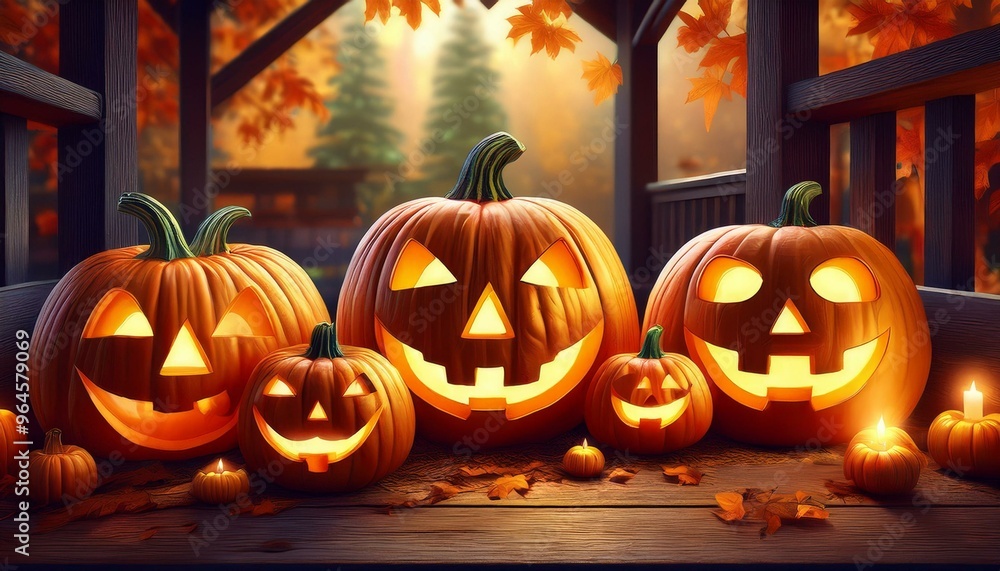 Obraz premium Carved Pumpkin Jack-O'-Lanterns: A close-up of several intricately carved pumpkins with different expressions (scary, funny, surprised) glowing with candles inside. They are placed on a rustic wooden 