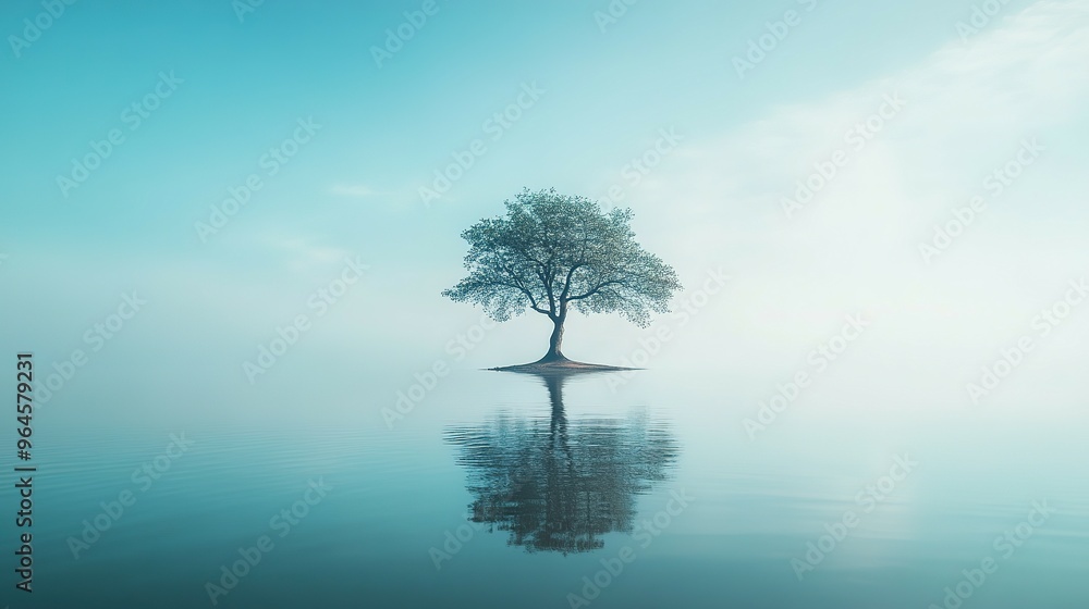 A Single Tree Reflecting in Calm Water Under a Blue Sky A Single Tree Reflecting in Calm Water Under a Blue Sky