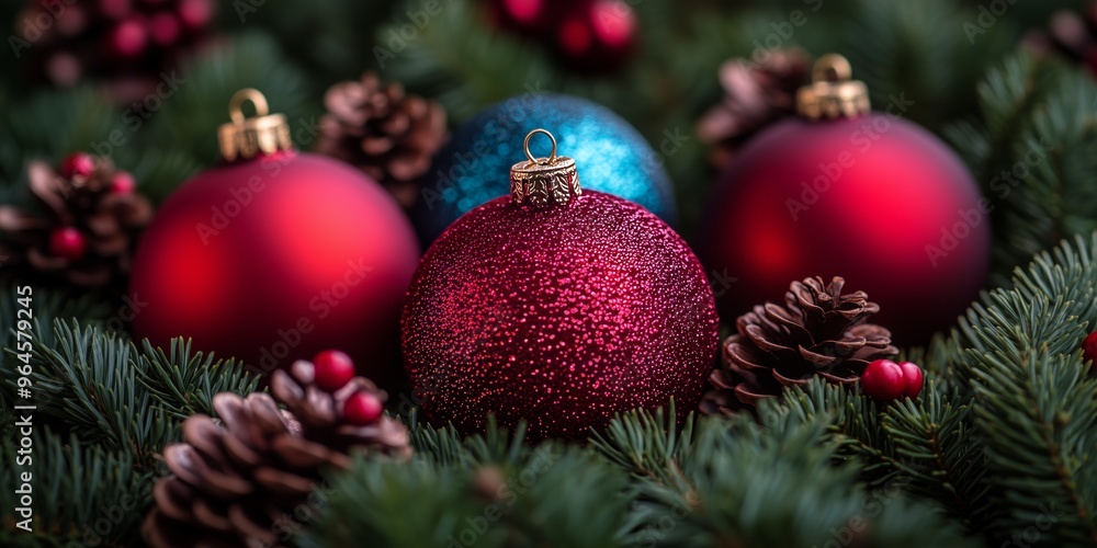 Glittering Christmas ornaments among pine branches and cones. Glittering Christmas ornaments among pine branches and cones.