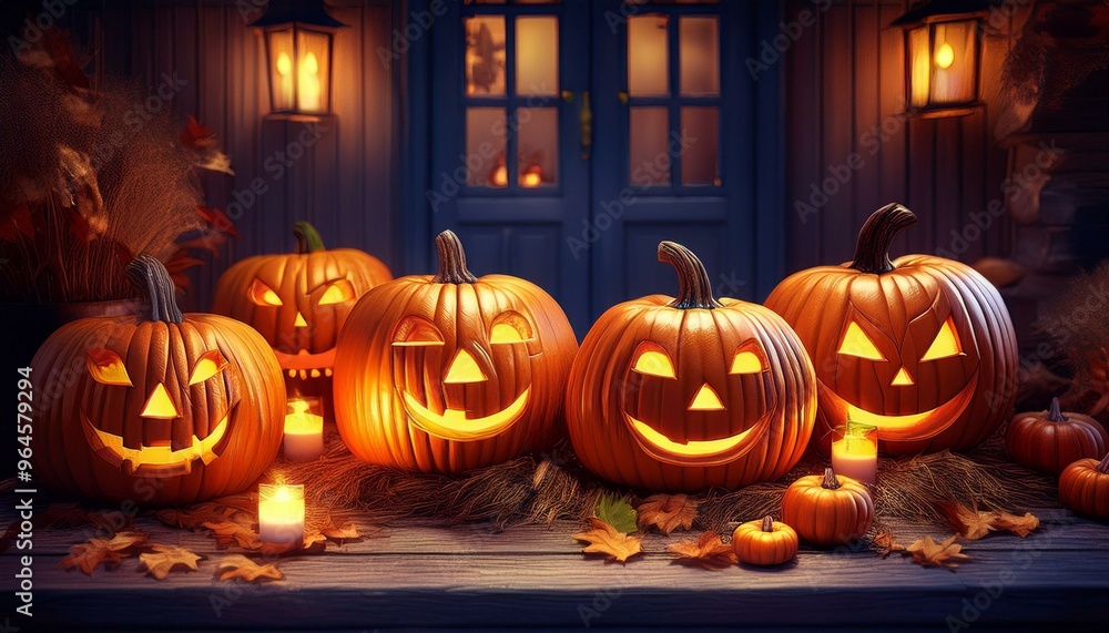 Carved Pumpkin Jack-O'-Lanterns: A close-up of several intricately carved pumpkins with different expressions (scary, funny, surprised) glowing with candles inside. They are placed on a rustic wooden Carved Pumpkin Jack-O'-Lanterns: A close-up of several intricately carved pumpkins with different expressions (scary, funny, surprised) glowing with candles inside. They are placed on a rustic wooden