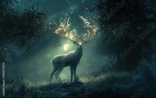 Enchanted Deer with Glowing Branch Antlers in Misty Moonlit Forest