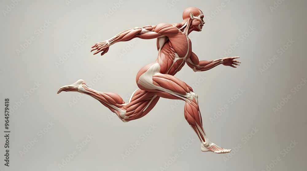 Naklejka premium Muscular System During a Jump: A depiction of the muscular system during a vertical jump, showcasing the explosive power of the leg and core muscles. 