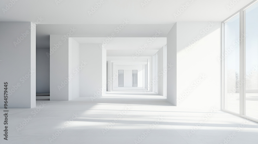 Fototapeta premium Empty white corridor with sunlight shining through windows