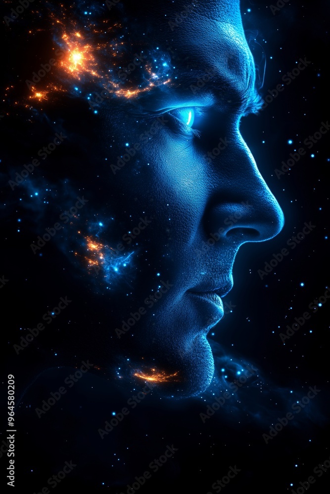 Side profile of a man with a cosmic backdrop of stars and galaxies. Side profile of a man with a cosmic backdrop of stars and galaxies.
