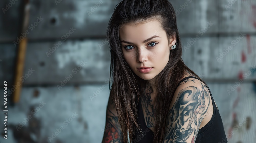 Candid Portrait of Woman with Tattoos in Urban Setting Candid Portrait of Woman with Tattoos in Urban Setting