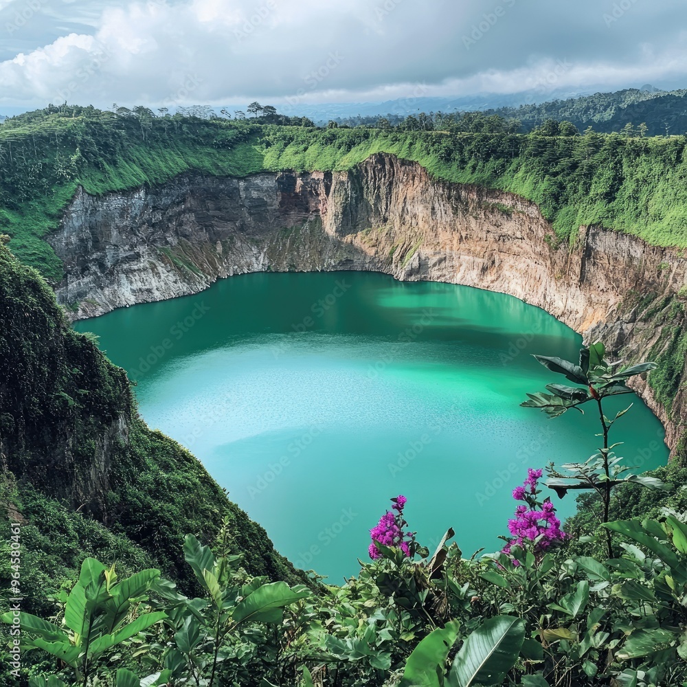 Obraz premium The contrasting colors of Kelimutu crater lakes, with the steep cliffs and lush forest creating a dramatic backdrop