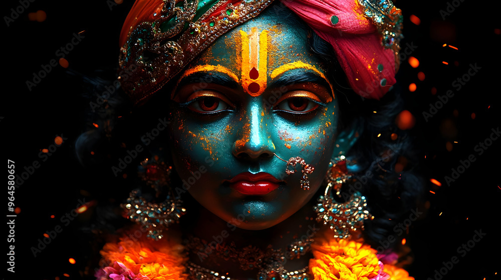A vibrant depiction of a deity with colorful face paint and traditional ornaments. A vibrant depiction of a deity with colorful face paint and traditional ornaments.