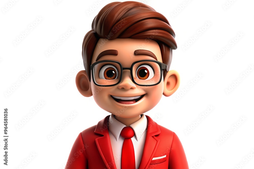 Smiling cartoon boy with glasses in red suit on white background Smiling cartoon boy with glasses in red suit on white background
