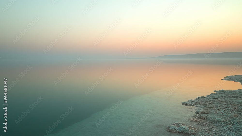 Fototapeta premium The Dead Sea's shoreline at dawn, with the first light of day illuminating the salt formations and calm waters.