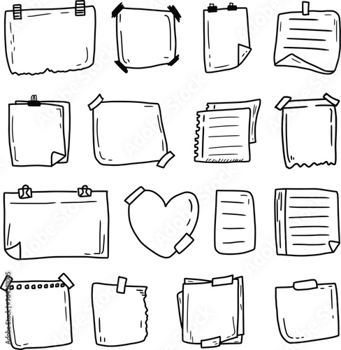 Hand drawn set of paper, note vector illustration set. Doodle sketch style. Reminder paper sticker.