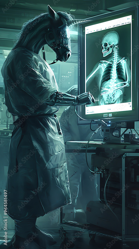 Fototapeta premium Equine Medicine: Centaur Doctor Analyzing Digital Radiographs in Hospital Setting