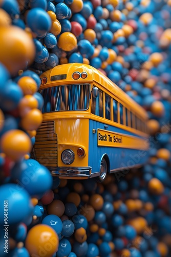 A vibrant yellow school bus toy surrounded by colorful blue and orange balls. photo