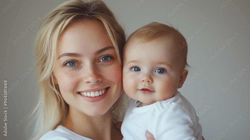 A blonde woman with blue eyes smiles and holds her baby in a white t-shirt against a light background A blonde woman with blue eyes smiles and holds her baby in a white t-shirt against a light background
