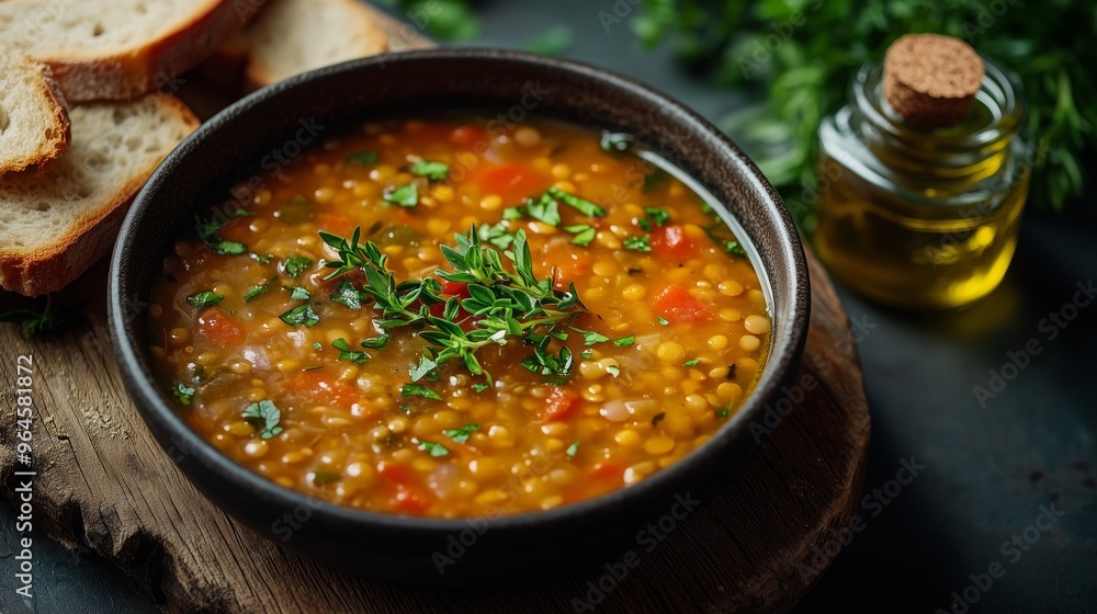 A bowl of warm, comforting lentil soup with fresh herbs and slices of bread on the side, on an old wooden table, illuminated by natural light from above A bowl of warm, comforting lentil soup with fresh herbs and slices of bread on the side, on an old wooden table, illuminated by natural light from above