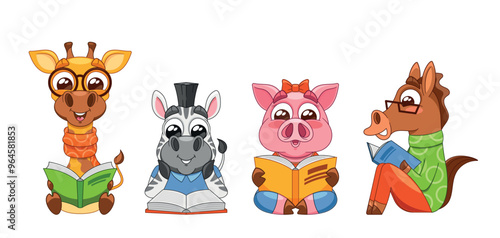 Adorable Cartoon Animals Giraffe, Zebra, Pig And Horse Enjoying Reading Books. Vector Image Captures Educational Moment
