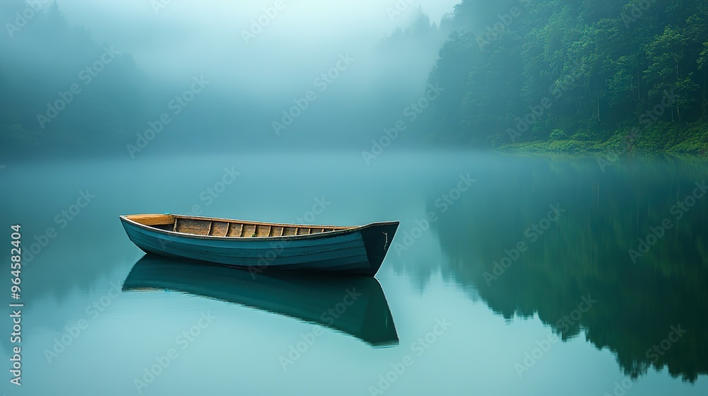 A Blue Rowboat on a Still Lake with Misty Trees A Blue Rowboat on a Still Lake with Misty Trees