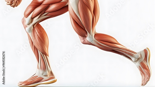 Muscular System Highlighted in Motion: A dynamic illustration of the muscular system during a running motion, focusing on the leg muscles as they contract and extend. 