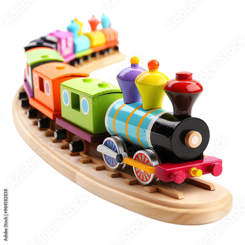 Colorful wooden toy train on curved track, perfect for children's play and learning activities., transparent background photo