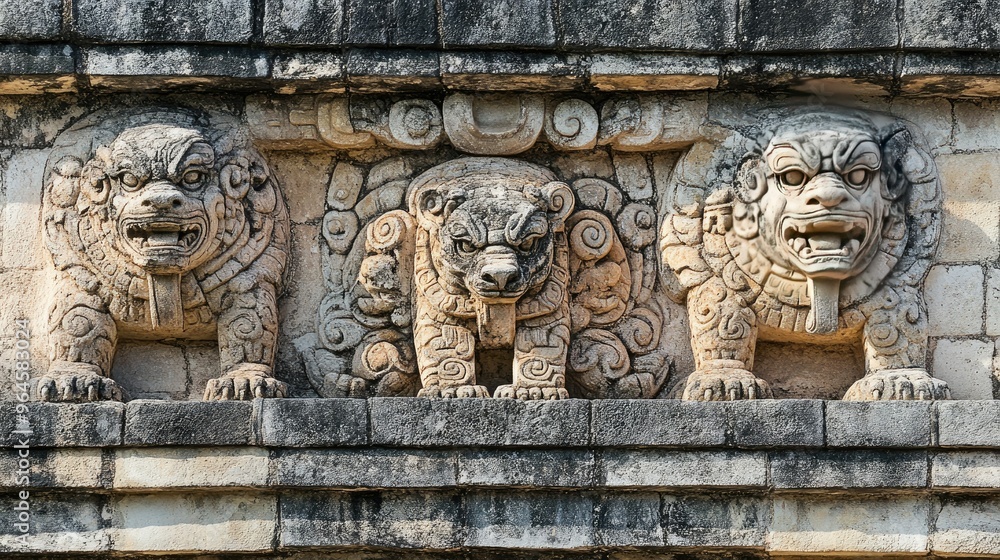 The detailed stone carvings on the Temple of the Jaguars at Chichen Itza, showing jaguars and Mayan symbols. The detailed stone carvings on the Temple of the Jaguars at Chichen Itza, showing jaguars and Mayan symbols.