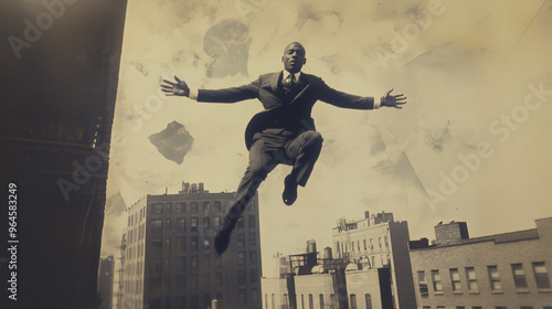 A vintage-styled photograph of a Black man in a suit mid-air, as if jumping or floating above city rooftops, evoking a surreal and timeless moment.