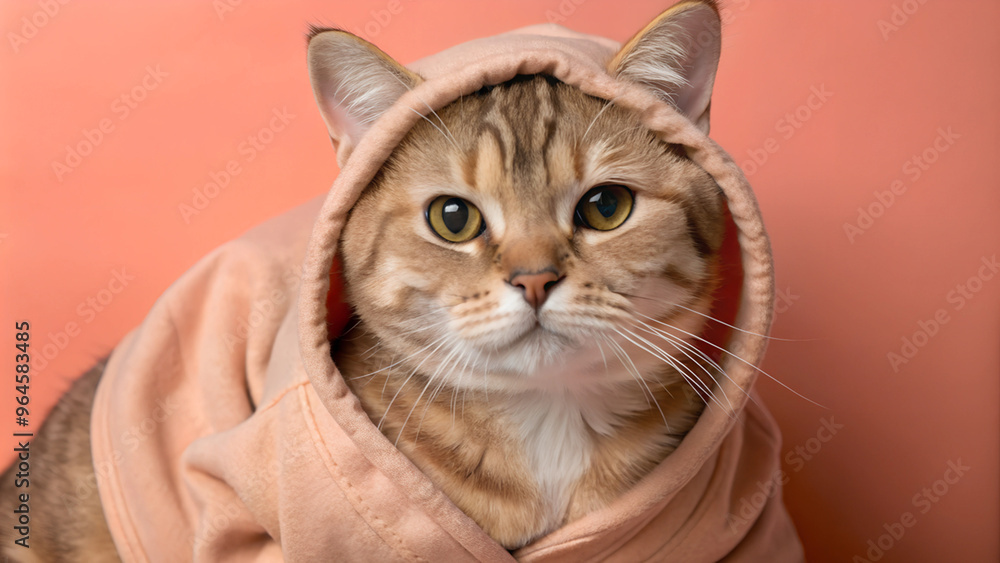 Adorable cat in a peach hoodie with a curious expression against a soft coral background Adorable cat in a peach hoodie with a curious expression against a soft coral background