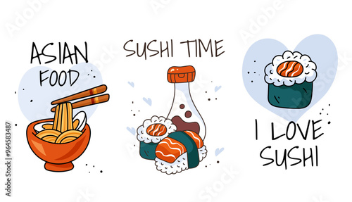 Asian food sushi noodles badges flat line art simple style isolated concepts set
