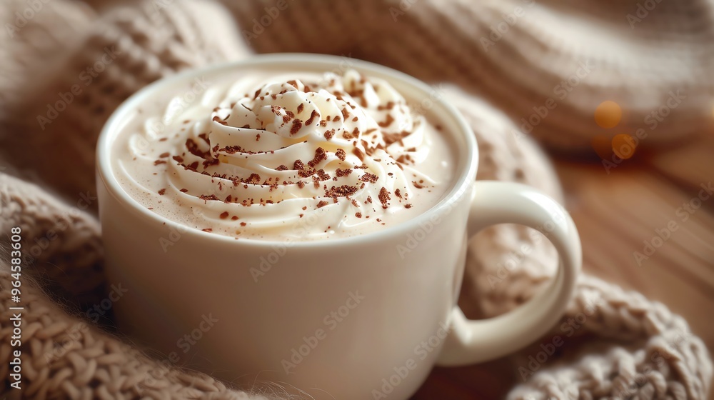 A close-up shot of a hot cocoa in a white ceramic mug, topped with whipped cream and a sprinkle of cocoa powder A close-up shot of a hot cocoa in a white ceramic mug, topped with whipped cream and a sprinkle of cocoa powder