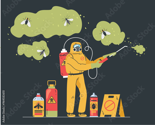 Disinfection insect repellent treatment, rodent control worker and tool service concept 