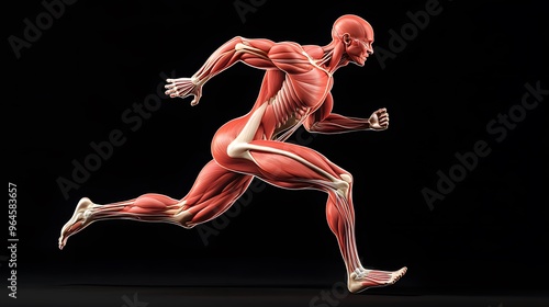 Muscular System Highlighted in Motion: A dynamic illustration of the muscular system during a running motion, focusing on the leg muscles as they contract and extend.
