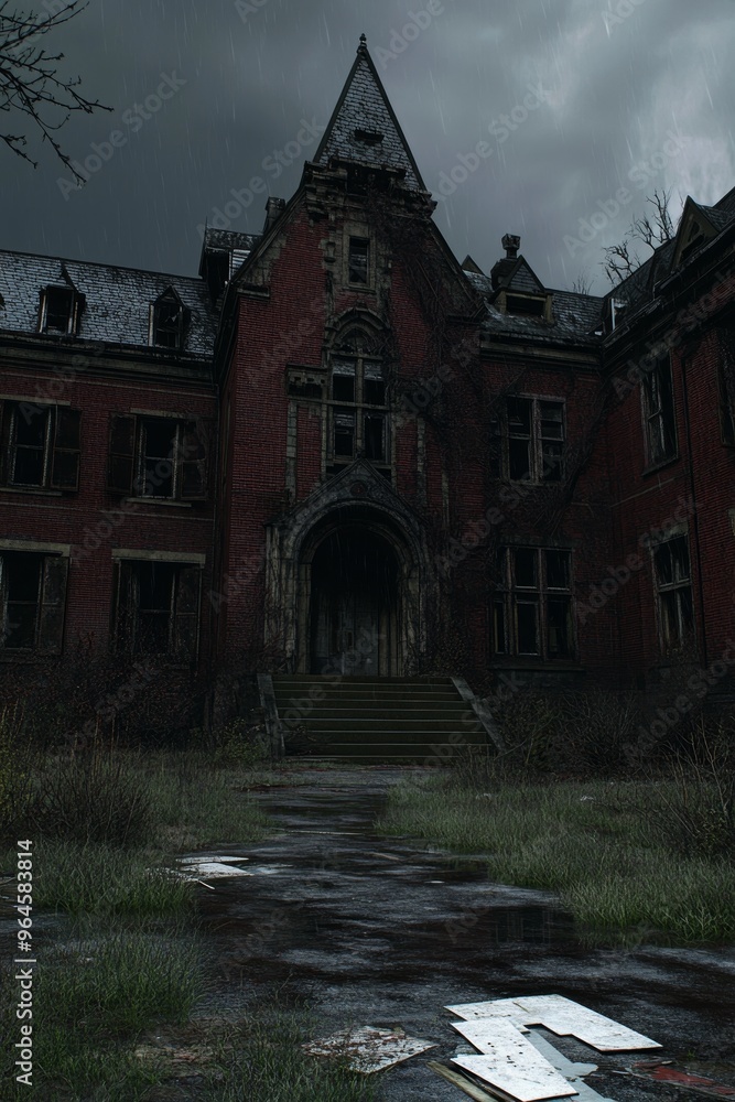 A haunting, abandoned mansion with overgrown vegetation and scattered papers, evoking mystery and decay. A haunting, abandoned mansion with overgrown vegetation and scattered papers, evoking mystery and decay.