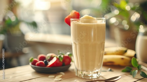 A high-resolution image of a creamy smoothie served in a clear glass with a slice of fruit on the rim photo