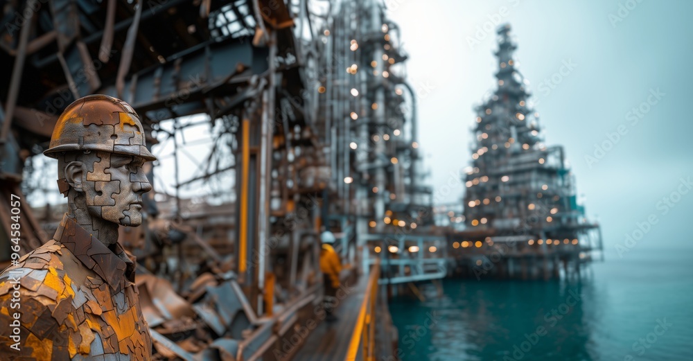 A surreal metallic figure on an industrial platform, surrounded by oil rigs under moody skies. A surreal metallic figure on an industrial platform, surrounded by oil rigs under moody skies.