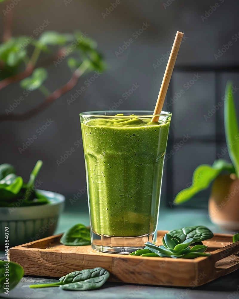 A minimalist photograph of a green smoothie in a clear glass, placed on a light wooden tray with a bamboo straw A minimalist photograph of a green smoothie in a clear glass, placed on a light wooden tray with a bamboo straw