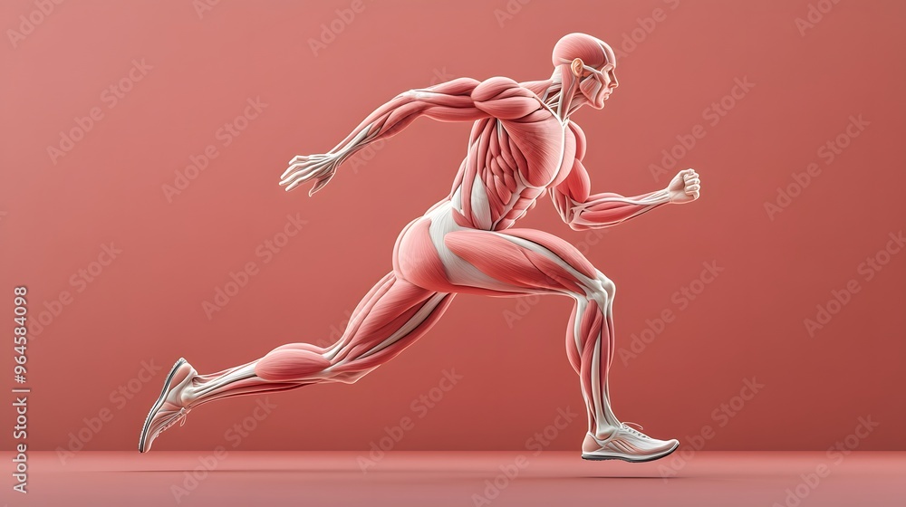Obraz premium Muscular System Highlighted in Motion: A dynamic illustration of the muscular system during a running motion, focusing on the leg muscles as they contract and extend. 