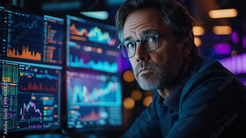 A stock broker thinks about how to make money by trading on the computer, in front of three large curved monitors with colorful graphs and charts A stock broker thinks about how to make money by trading on the computer, in front of three large curved monitors with colorful graphs and charts