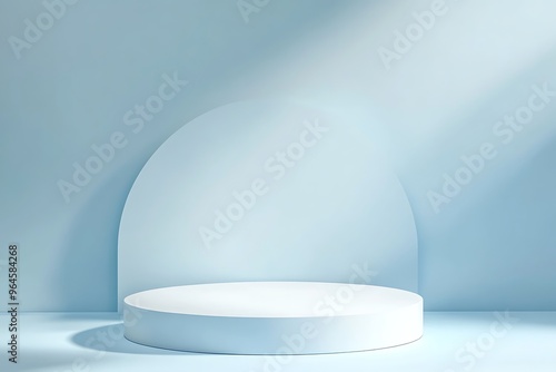 White platform sits on a light blue floor with soft shadows cast from an unseen window. 