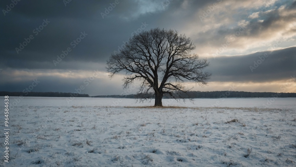 Solitary tree in a snow-covered field under a cloudy sky, reflecting solitude and peace. Solitary tree in a snow-covered field under a cloudy sky, reflecting solitude and peace.